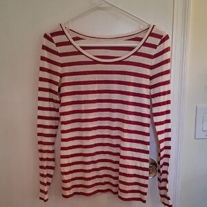 LOFT Deep Pink and White Striped Long Sleeve Top